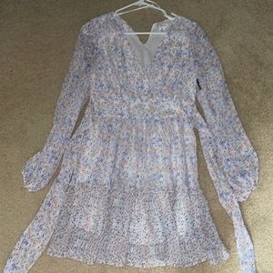 Belted long sleeve ruffled blue dress